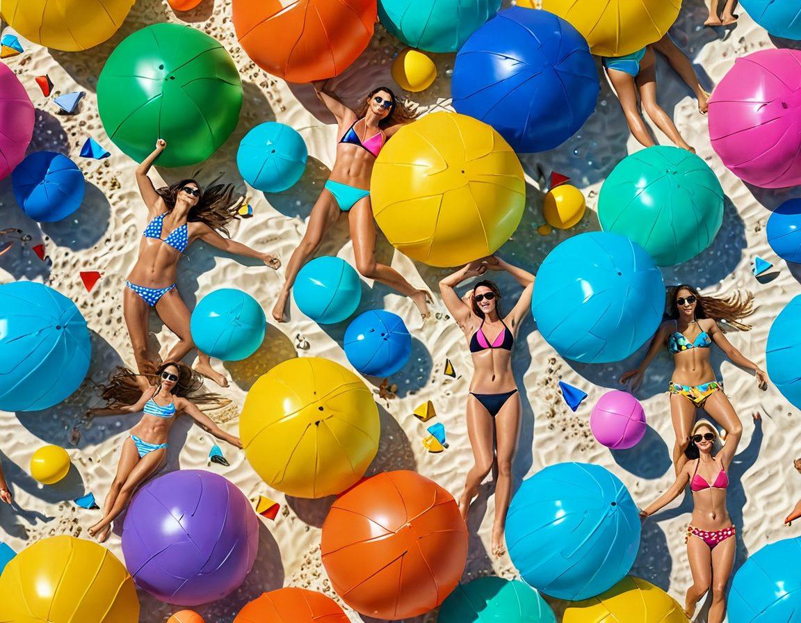 An engaging collage of diverse bikini clips showcasing laughter, beach fun, and vibrant summer vibes. Each clip should highlight different activities like beach volleyball, sunbathing, and splashing in the waves, with colorful beach balls and umbrellas in the background. The scene should exude a playful, sunny atmosphere with a sparkling ocean. include a soft focus effect for a dreamy feel. vibrant colors. 3D.